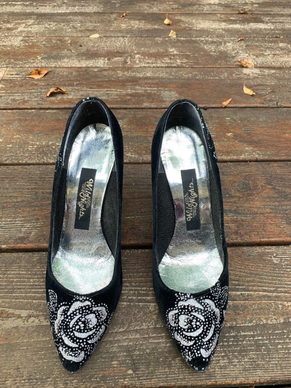 VTG Black Velvet Rhinestone 4" High Heeled Evening Shoes (Size 8B) by Wild Night